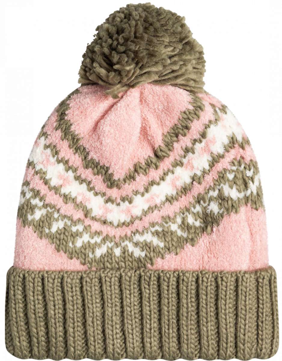 Roxy Women's Hateya Beanie 2023 - A pink beanie with a green and white pattern on top, featuring a brown pom-pom at the tip.