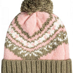 Roxy Women's Hateya Beanie 2023 - A pink beanie with a green and white pattern on top, featuring a brown pom-pom at the tip.