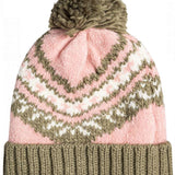Roxy Women's Hateya Beanie 2023 - A pink beanie with a green and white pattern on top, featuring a brown pom-pom at the tip.