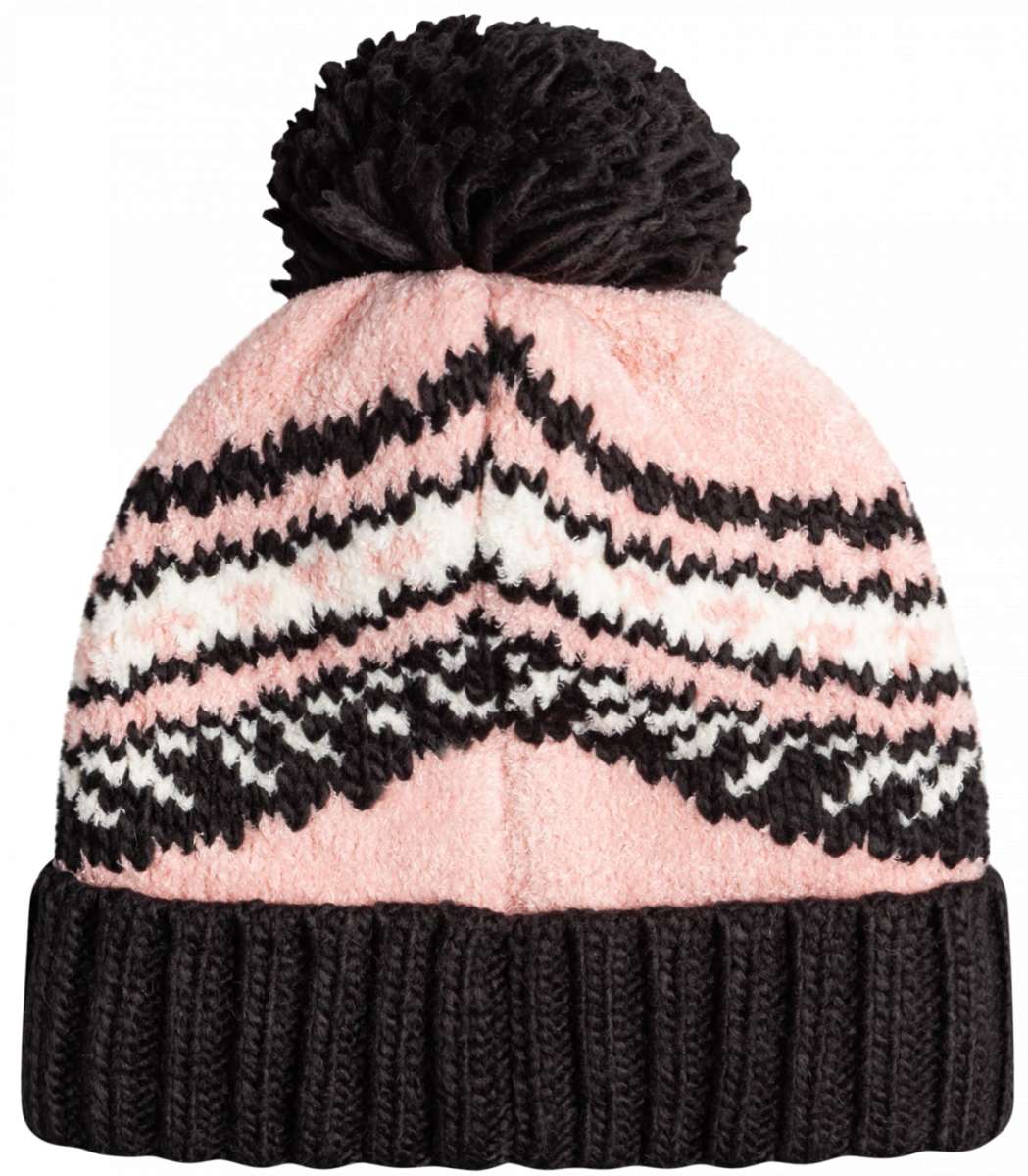Roxy Women's Hateya Beanie 2023 - A pink beanie with a black and white pattern on top, featuring a large black pom-pom at the top.