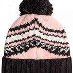 Roxy Women's Hateya Beanie 2023 - A pink beanie with a black and white pattern on top, featuring a large black pom-pom at the top.