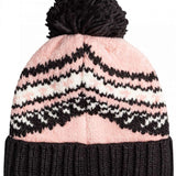 Roxy Women's Hateya Beanie 2023 - A pink beanie with a black and white pattern on top, featuring a large black pom-pom at the top.
