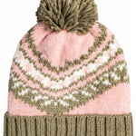Roxy Women's Hateya Beanie 2023 - A pink beanie with a green and white pattern on top, featuring a large pom-pom at the top.
