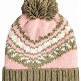 Roxy Women's Hateya Beanie 2023 - A pink beanie with a green and white pattern on top, featuring a large pom-pom at the top.