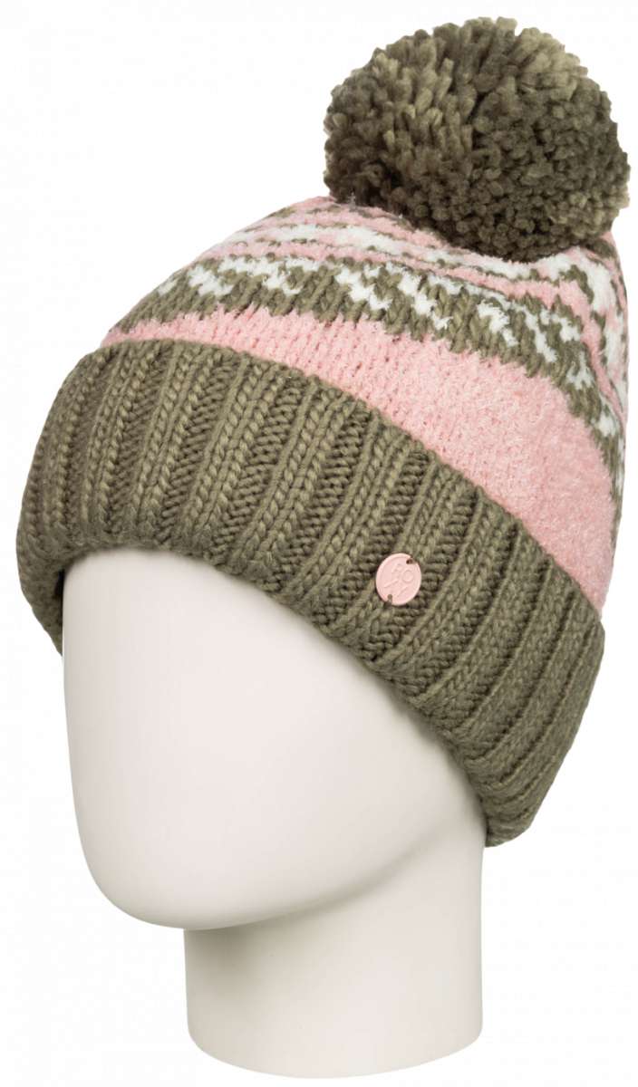 Roxy Women's Hateya Beanie 2023 - A pink beanie with a green and white patterned stripe around the middle, featuring a large pom-pom on top.