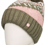Roxy Women's Hateya Beanie 2023 - A pink beanie with a green and white patterned stripe around the middle, featuring a large pom-pom on top.