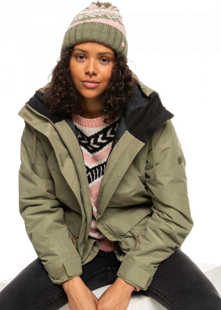 Roxy Women's Hateya Beanie - A pink beanie with a green and white patterned stripe at the top.