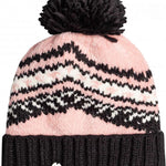 Roxy Women's Hateya Beanie 2023 - A pink beanie with a black and white pattern on top, featuring a large black pom-pom at the top.