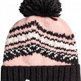 Roxy Women's Hateya Beanie 2023 - A pink beanie with a black and white pattern on top, featuring a large black pom-pom at the top.