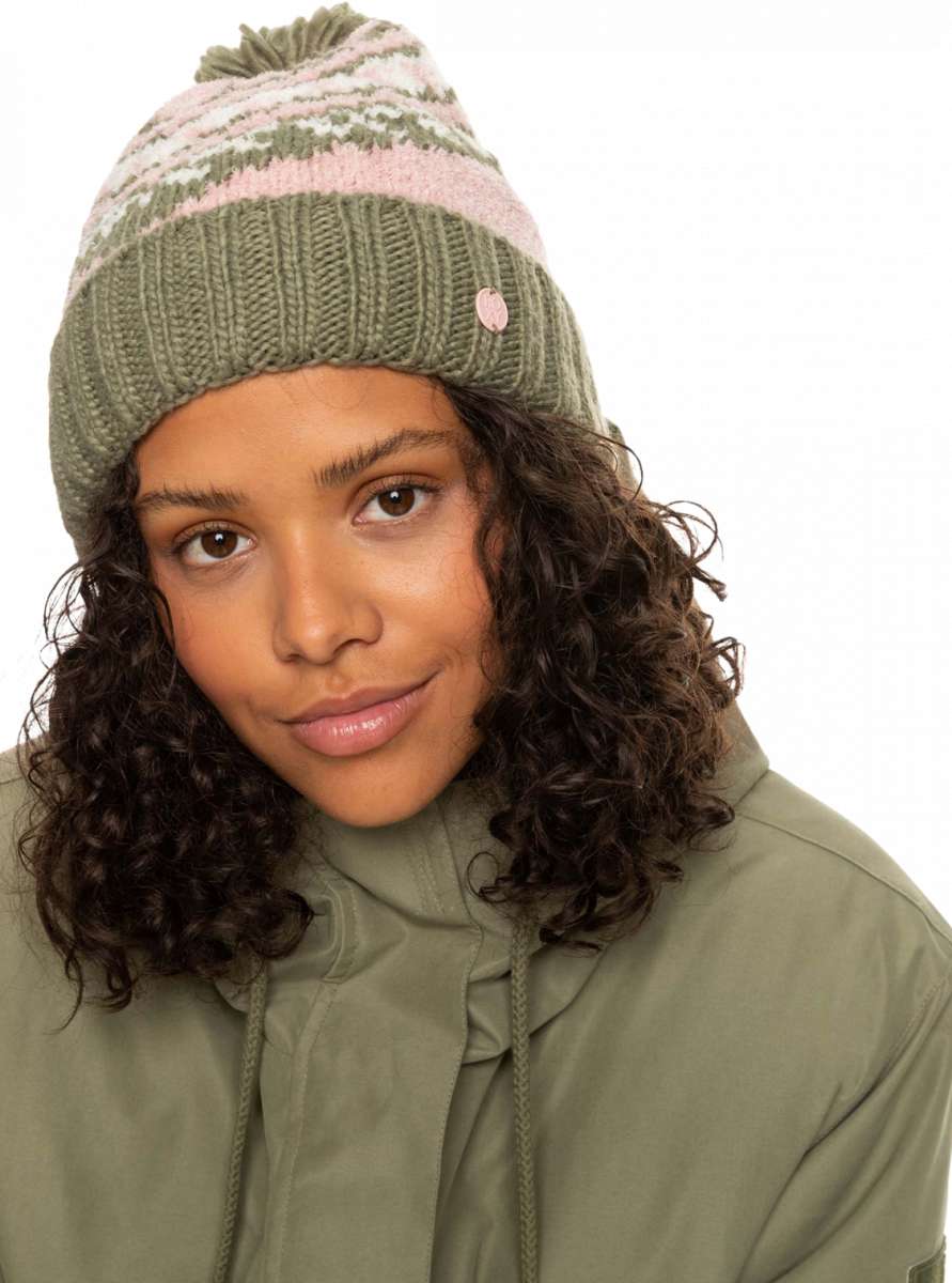 Roxy Women's Hateya Beanie 2023 - A green beanie with a pink stripe and white snowflake pattern on top.