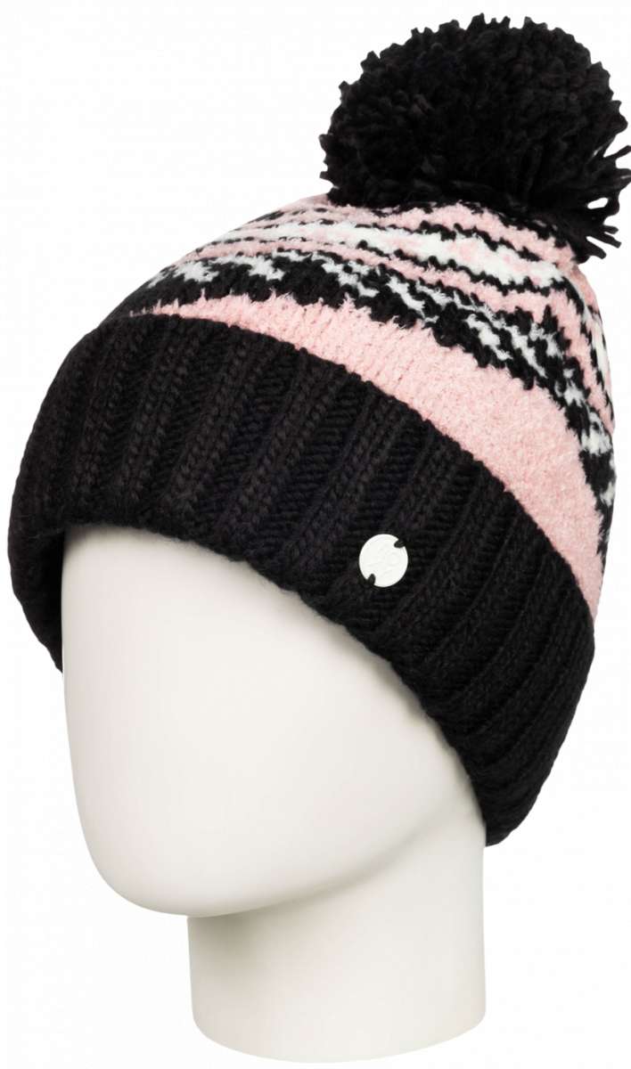 Roxy Women's Hateya Beanie 2023 - A pink beanie with a black and white fair isle pattern on top, featuring a large pom-pom at the top.
