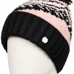 Roxy Women's Hateya Beanie 2023 - A pink beanie with a black and white fair isle pattern on top, featuring a large pom-pom at the top.