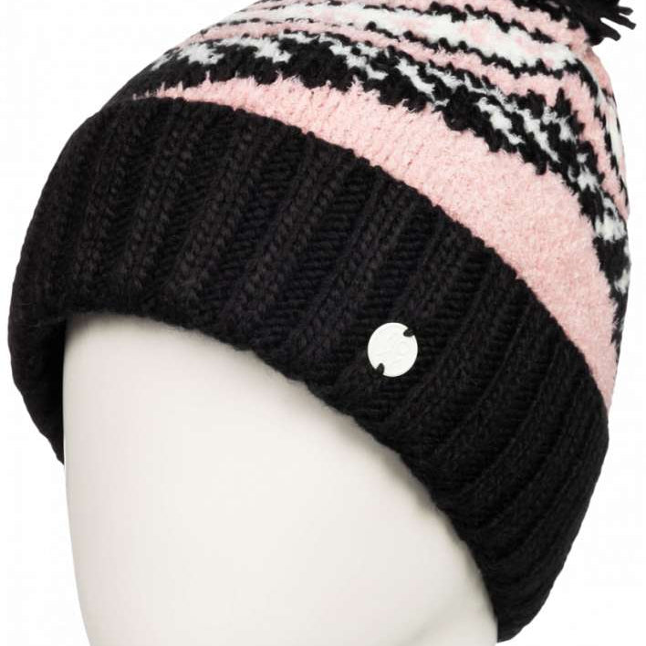 Roxy Women's Hateya Beanie 2023 - A pink beanie with a black and white fair isle pattern on top, featuring a large pom-pom at the top.