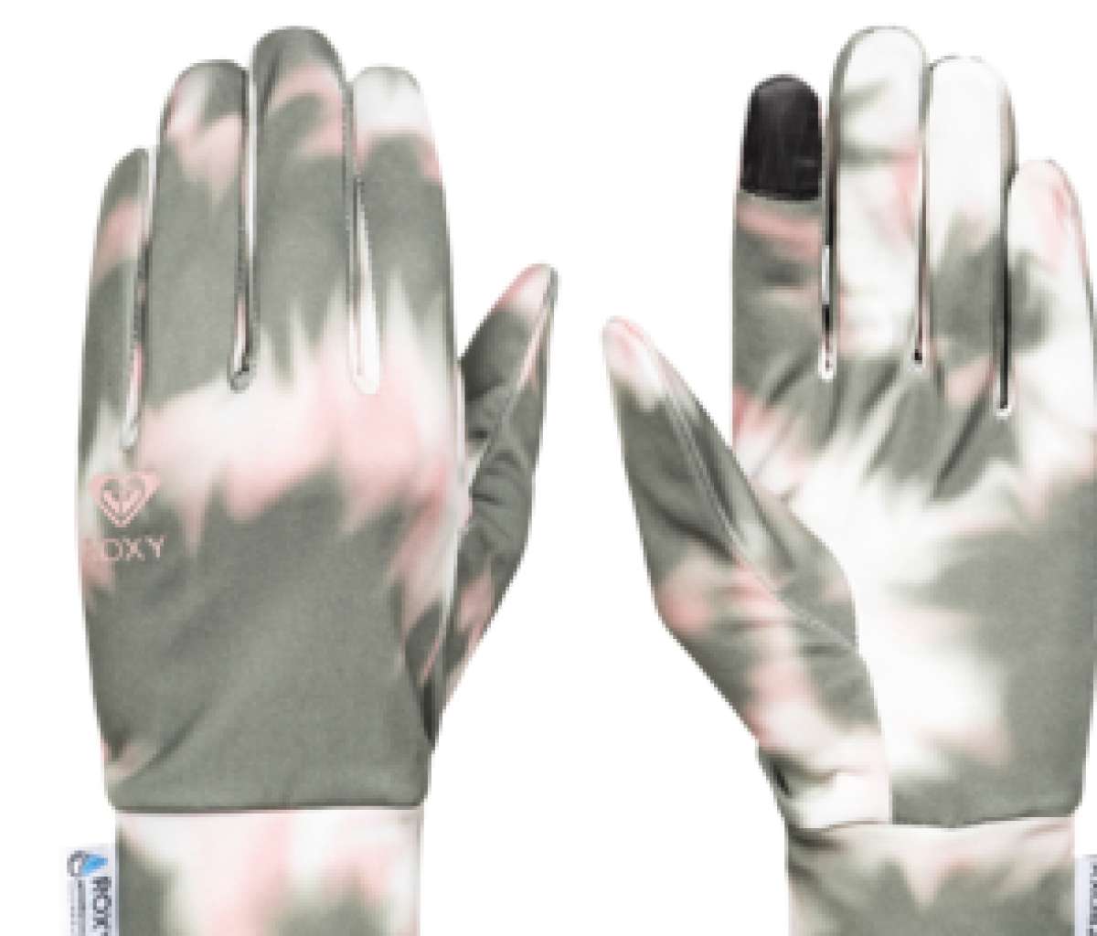 Roxy Women's HydroSmart Glove Liner 2023 - A pair of gray gloves with a pink logo on the back of one hand.