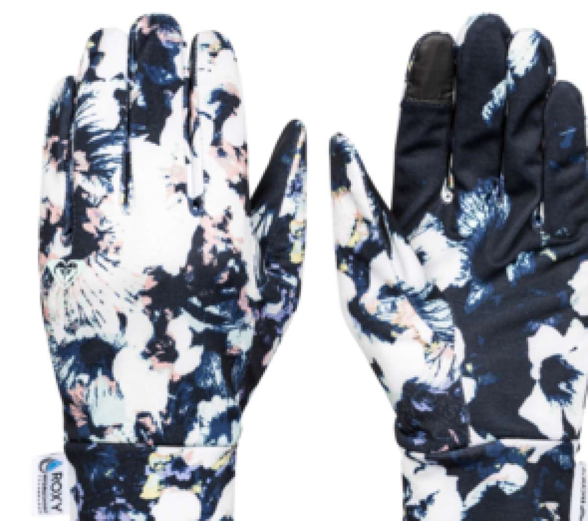 Roxy Women's HydroSmart Glove Liner 2023 - A navy blue glove with a white floral pattern and pink accents.