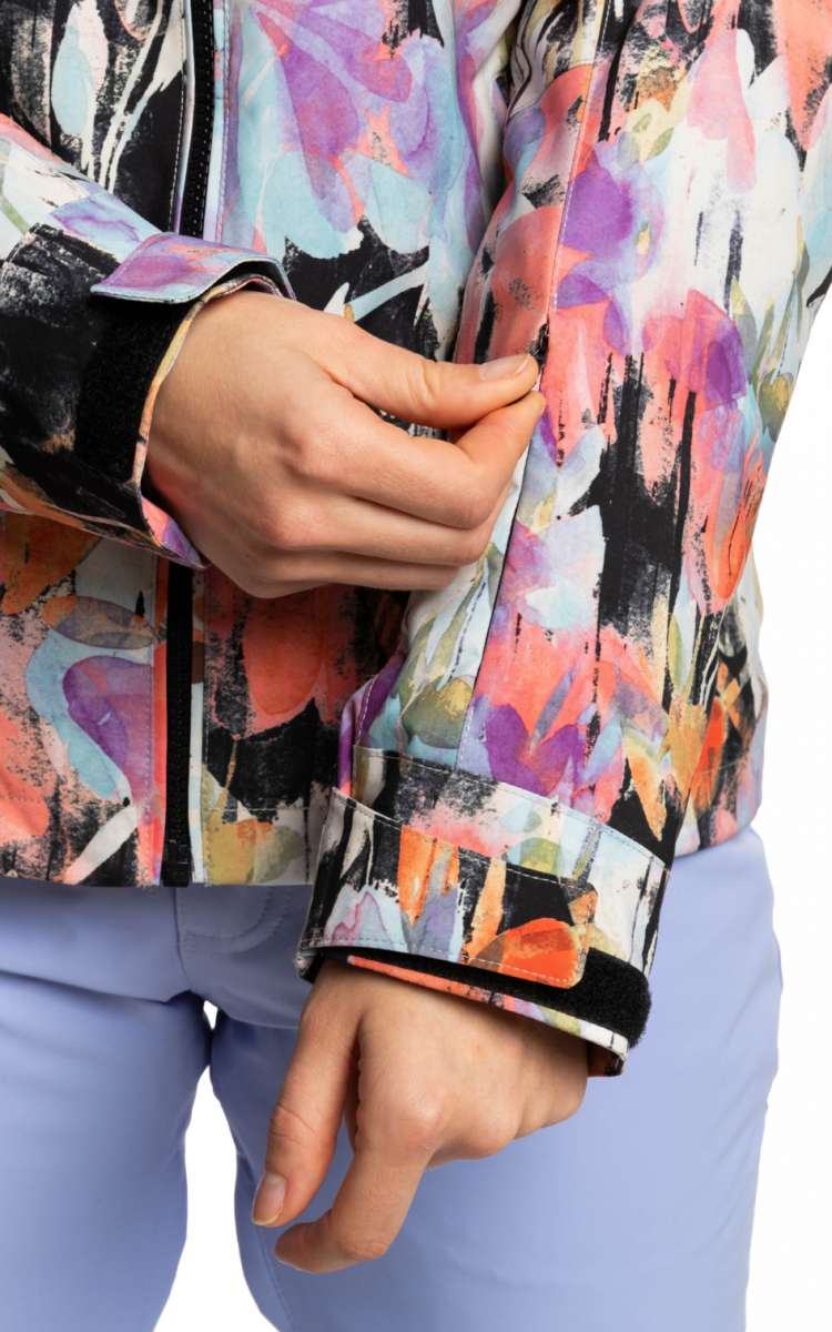 Roxy Women's Jet Ski Insulated Jacket 2023 - A pastel-colored jacket with a floral pattern and black accents, featuring a zipper down the front.