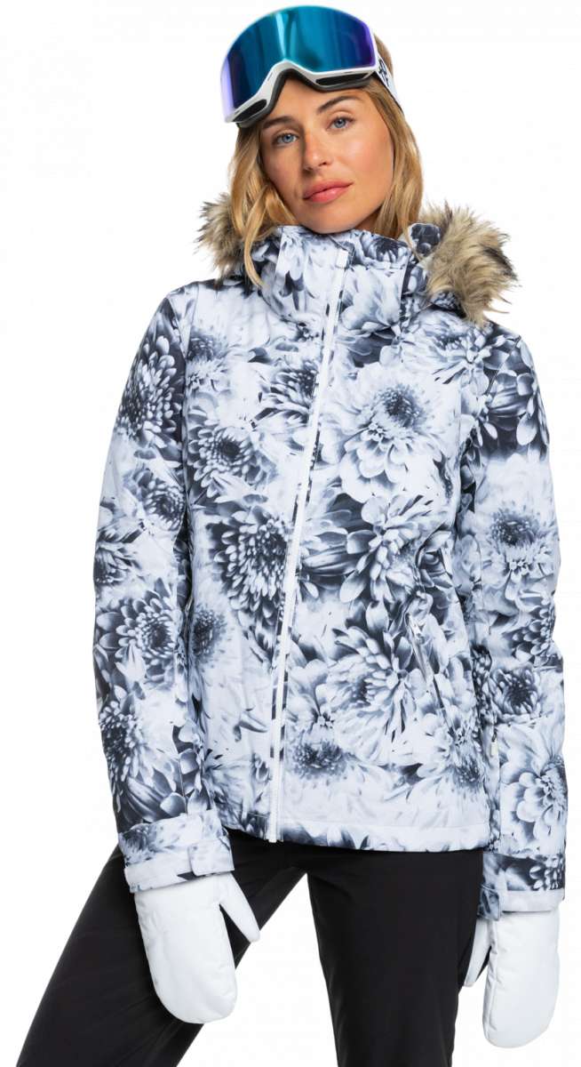 Roxy Women's Jet Ski Insulated Jacket - A white jacket with a black floral pattern and fur-lined hood.