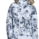 Roxy Women's Jet Ski Insulated Jacket - A white jacket with a black floral pattern and fur-lined hood.