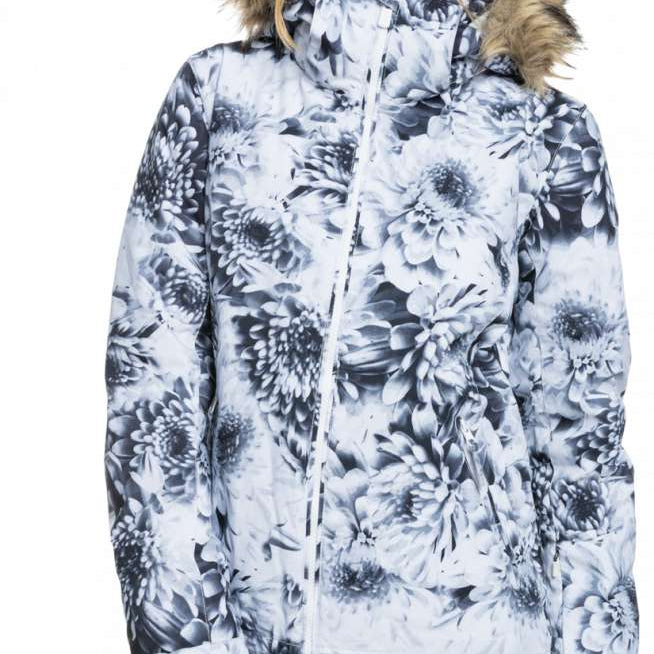 Roxy Women's Jet Ski Insulated Jacket - A white jacket with a black floral pattern and fur-lined hood.