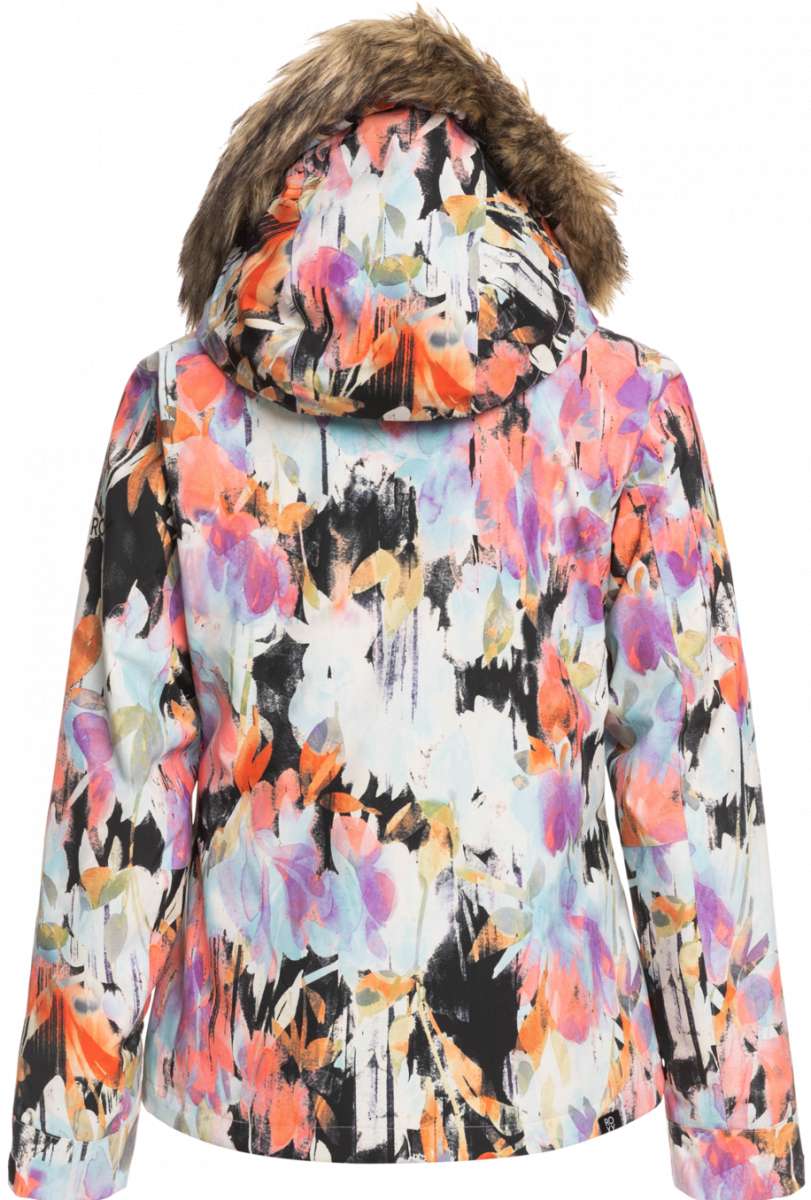Roxy Women's Jet Ski Insulated Jacket 2023 - A multicolored jacket with a floral pattern, featuring a brown faux fur-lined hood.
