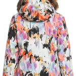 Roxy Women's Jet Ski Insulated Jacket 2023 - A multicolored jacket with a floral pattern, featuring a brown faux fur-lined hood.