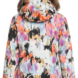 Roxy Women's Jet Ski Insulated Jacket 2023 - A multicolored jacket with a floral pattern, featuring a brown faux fur-lined hood.