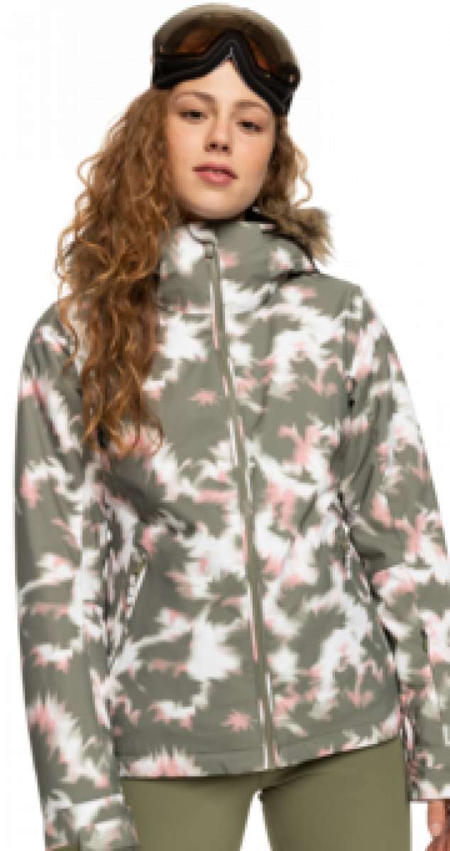Roxy Women's Jet Ski Insulated Jacket - A grey jacket with a pink and white abstract pattern, featuring a fur-lined hood.