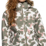 Roxy Women's Jet Ski Insulated Jacket - A grey jacket with a pink and white abstract pattern, featuring a fur-lined hood.