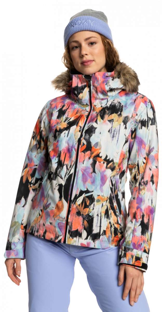 Roxy Women's Jet Ski Insulated Jacket 2023 - A multicolored jacket with a floral pattern, featuring a fur-lined hood and black zipper.
