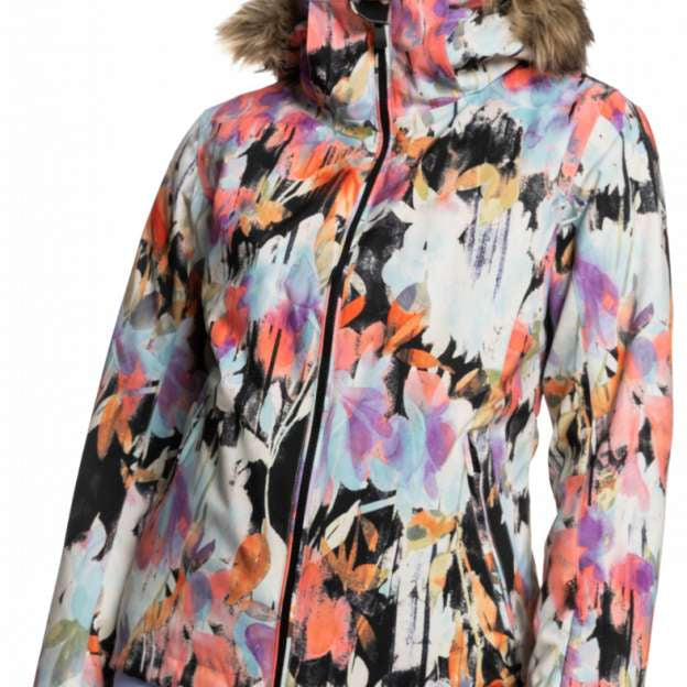 Roxy Women's Jet Ski Insulated Jacket 2023 - A multicolored jacket with a floral pattern, featuring a fur-lined hood and black zipper.