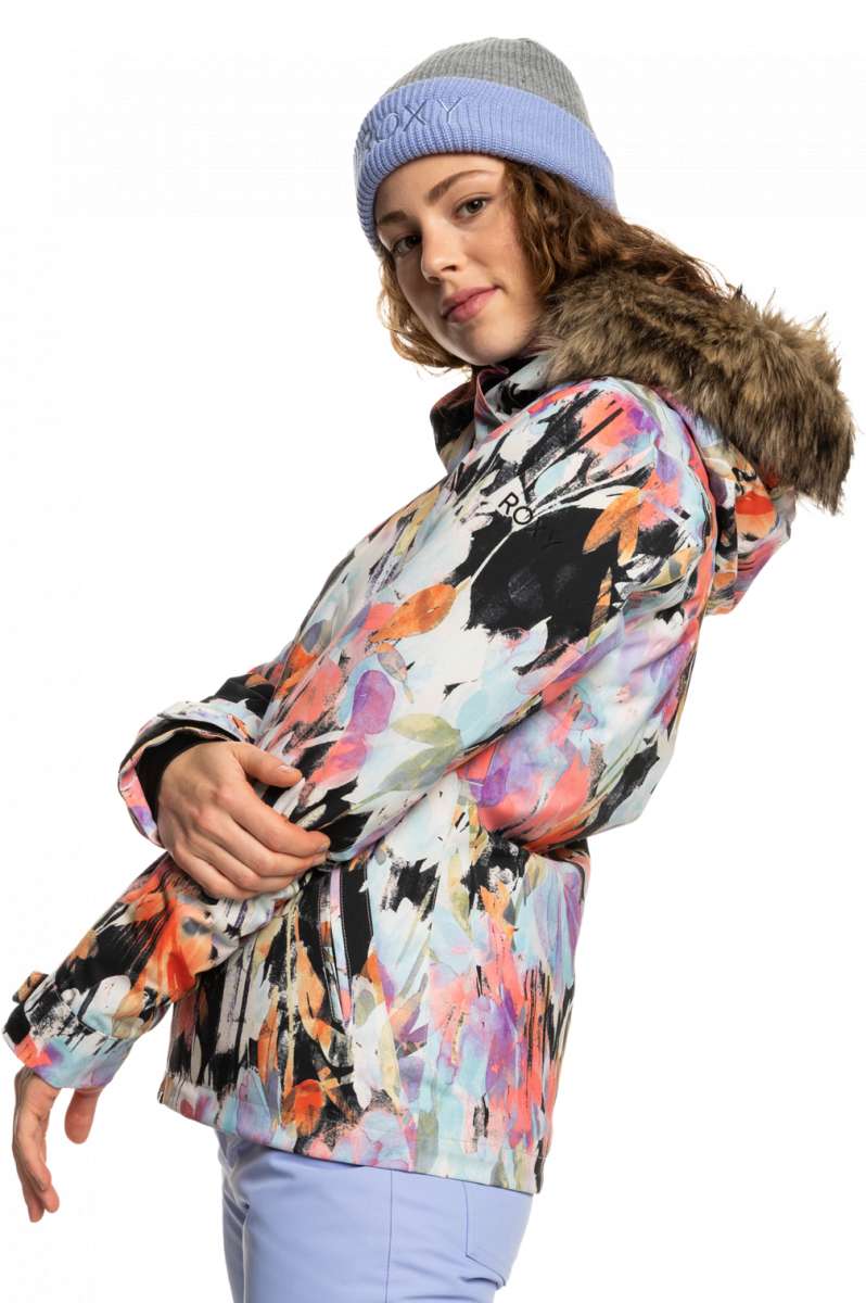 Roxy Women's Jet Ski Insulated Jacket 2023 - A pastel-colored jacket with a floral pattern and a fur-lined hood.