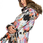 Roxy Women's Jet Ski Insulated Jacket 2023 - A pastel-colored jacket with a floral pattern and a fur-lined hood.