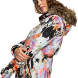 Roxy Women's Jet Ski Insulated Jacket 2023 - A pastel-colored jacket with a floral pattern and a fur-lined hood.