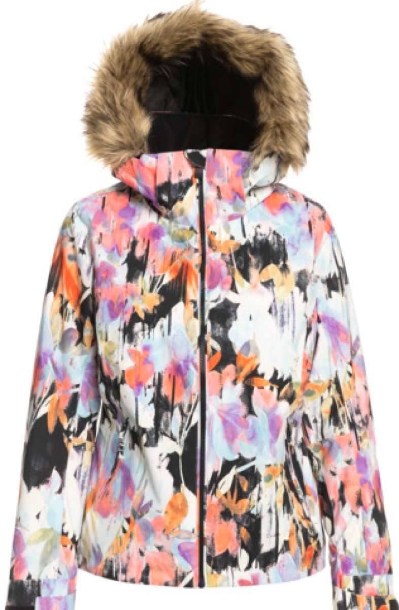 Roxy Women's Jet Ski Insulated Jacket 2023 - A multicolored jacket with a floral pattern, featuring a brown faux fur-lined hood.