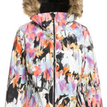 Roxy Women's Jet Ski Insulated Jacket 2023 - A multicolored jacket with a floral pattern, featuring a brown faux fur-lined hood.