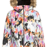 Roxy Women's Jet Ski Insulated Jacket 2023 - A multicolored jacket with a floral pattern, featuring a brown faux fur-lined hood.
