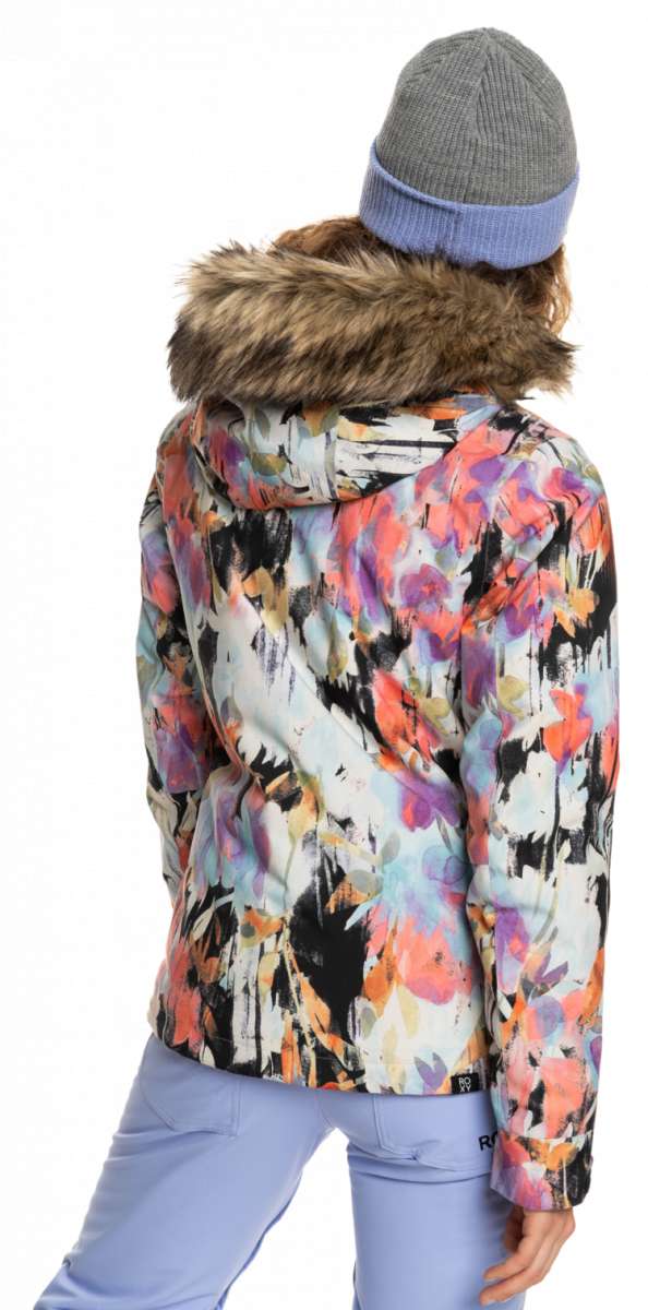 Roxy Women's Jet Ski Insulated Jacket 2023 - A multicolored abstract patterned jacket with a fur-lined hood and black zipper.