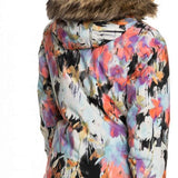 Roxy Women's Jet Ski Insulated Jacket 2023 - A multicolored abstract patterned jacket with a fur-lined hood and black zipper.