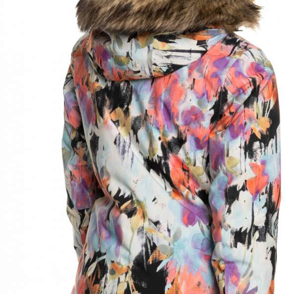 Roxy Women's Jet Ski Insulated Jacket 2023 - A multicolored abstract patterned jacket with a fur-lined hood and black zipper.