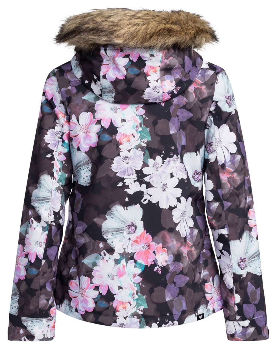 Roxy Women's Jet Ski Insulated Jacket 2024 - A black jacket with a floral pattern of white, pink and purple flowers.