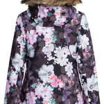 Roxy Women's Jet Ski Insulated Jacket 2024 - A black jacket with a floral pattern of white, pink and purple flowers.