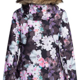 Roxy Women's Jet Ski Insulated Jacket 2024 - A black jacket with a floral pattern of white, pink and purple flowers.