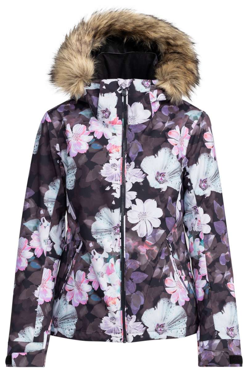 Roxy Women's Jet Ski Insulated Jacket - A black jacket with a floral pattern of white, pink and purple flowers.