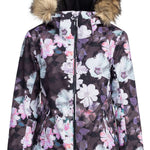Roxy Women's Jet Ski Insulated Jacket - A black jacket with a floral pattern of white, pink and purple flowers.