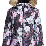 Roxy Women's Jet Ski Insulated Jacket - A black jacket with a floral pattern of white, pink and purple flowers.