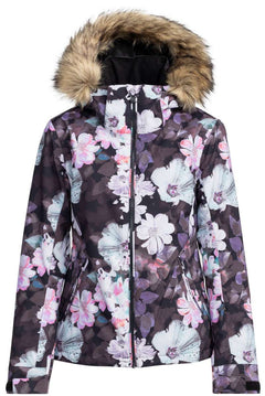 Roxy Women's Jet Ski Insulated Jacket - A black jacket with a floral pattern of white, pink and purple flowers.