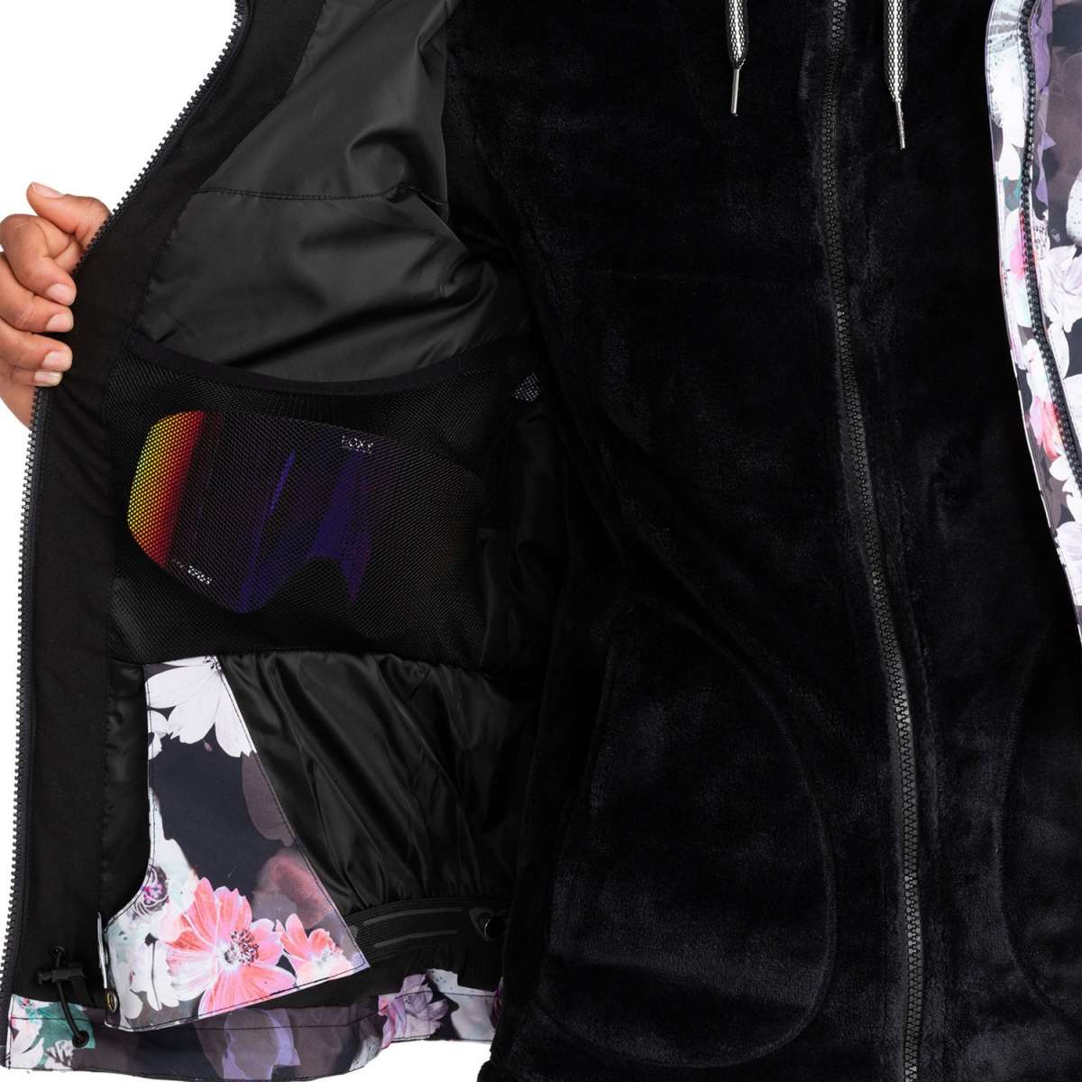Roxy Women's Jet Ski Insulated Jacket 2024 - A black insulated jacket with a floral pattern on the inside lining.