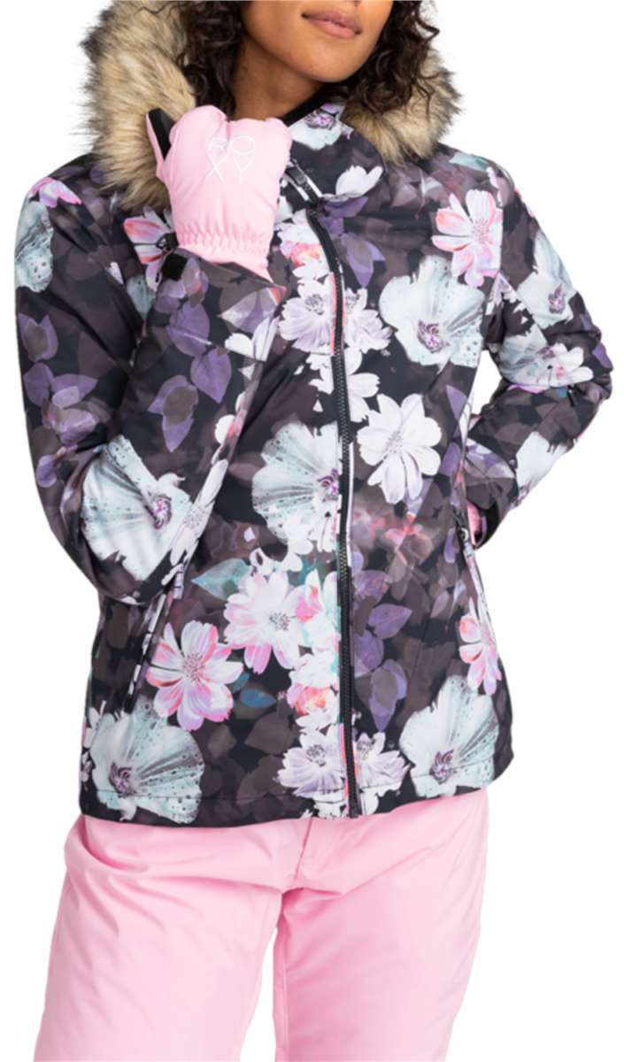 Roxy Women's Jet Ski Insulated Jacket - A black jacket with a floral pattern of white, pink and purple flowers.
