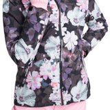 Roxy Women's Jet Ski Insulated Jacket - A black jacket with a floral pattern of white, pink and purple flowers.