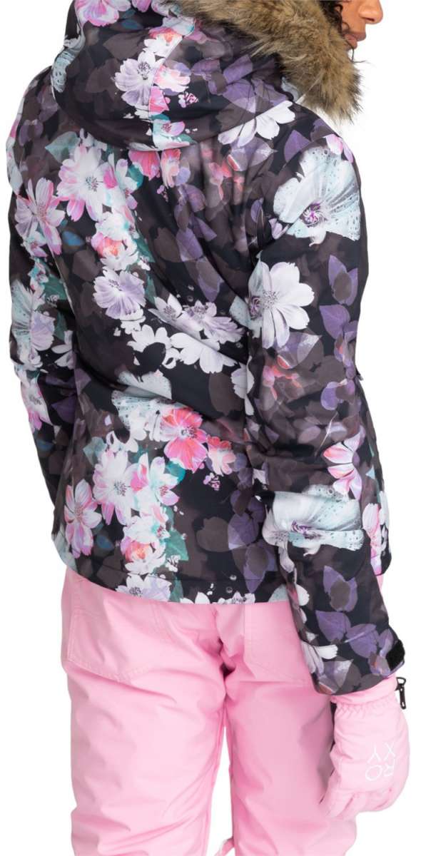 Roxy Women's Jet Ski Insulated Jacket - A black jacket with a floral pattern of white, pink and purple flowers.